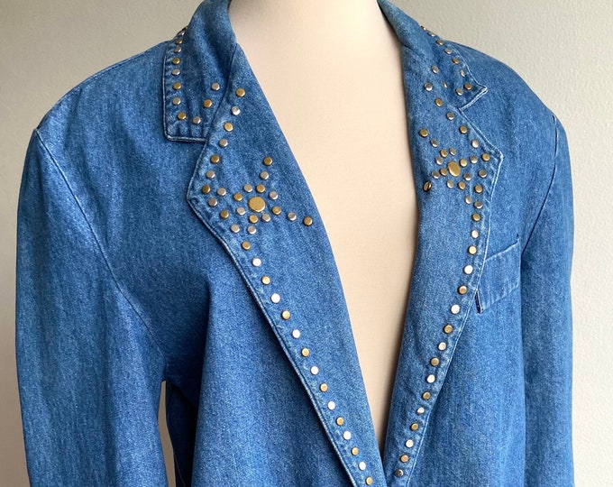 80s silver gold studded denim blazer, 80s western blazer, Medium