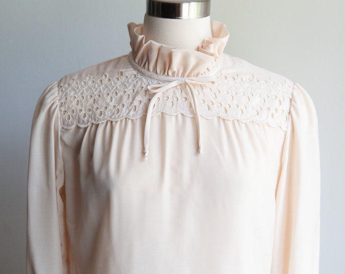 70s ivory ruffle collar blouse, vintage cottage core blouse, Medium