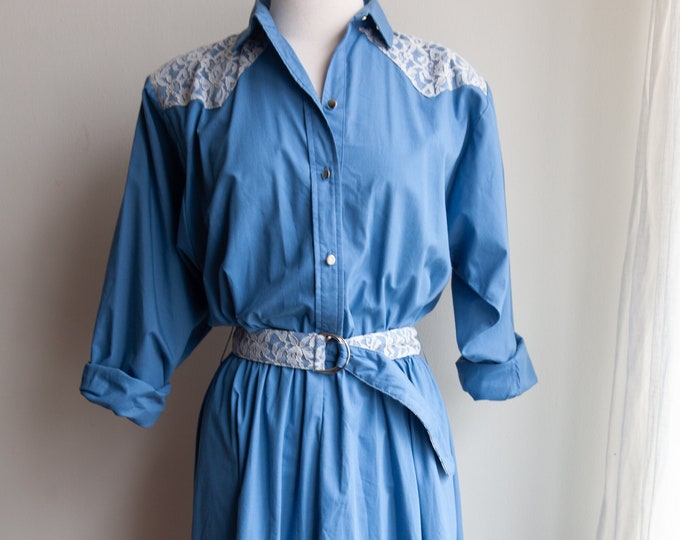 70s western chambray and lace dress, vintage western wear, med/Large