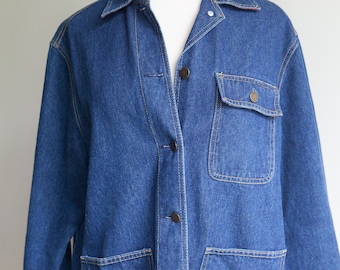 vintage denim chore jacket, 1990s 90s denim plaid jacket, vintage boho hippy denim, Medium