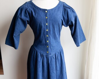 vintage denim midi dress, 1980s 80s western denim prairie dress, 80s denim dress, vintage western wear, Medium