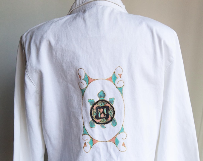 80s white denim blazer, 80s hand painted white blazer,  med/Large