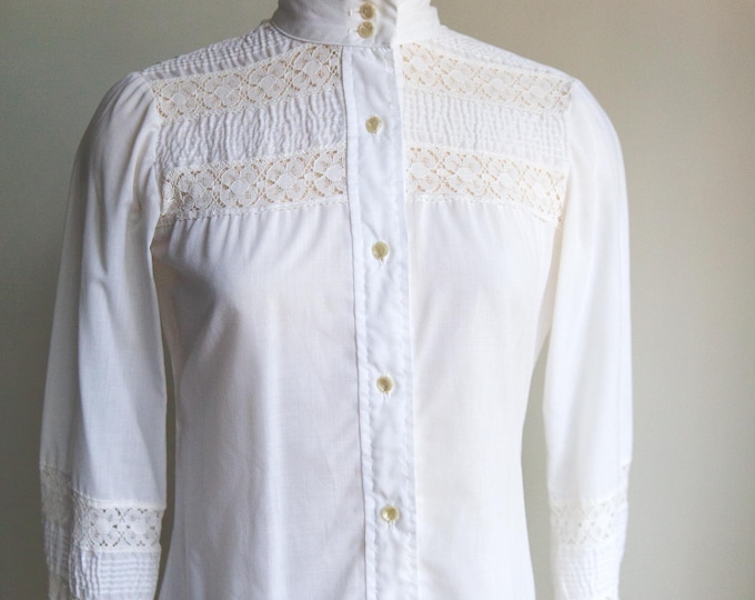 60s ivory lace high neck blouse, vintage cottage core blouse, sm/med