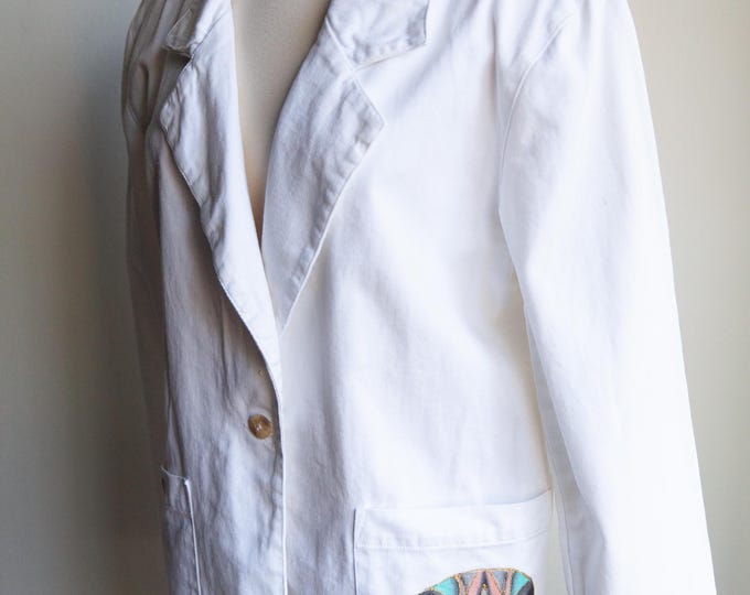 80s white denim blazer, 80s hand painted white blazer,  med/Large