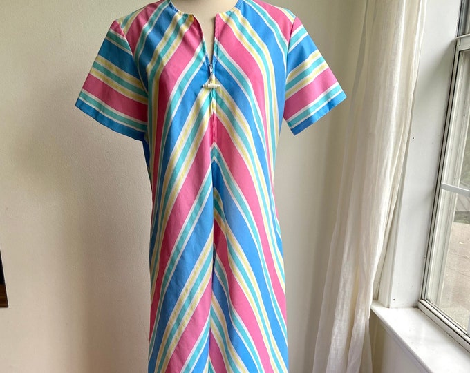 70s rainbow striped kaftan, 70s house dress, Med/large