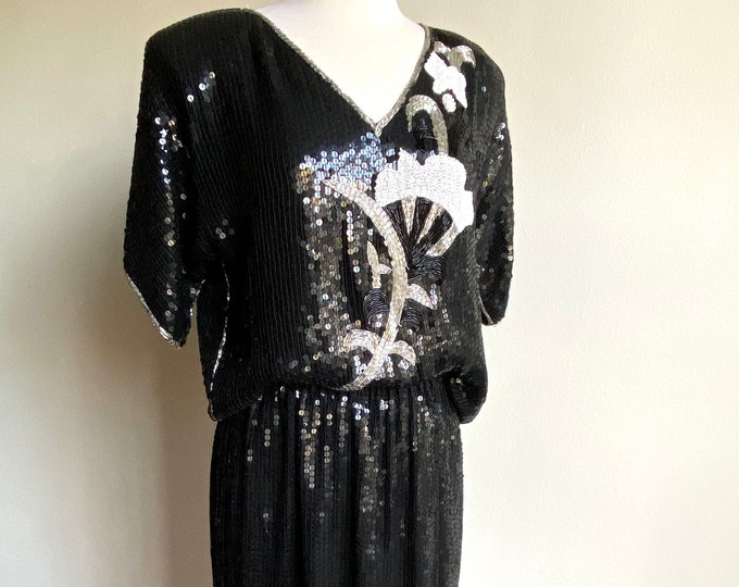 vintage black sequin two piece set, Medium