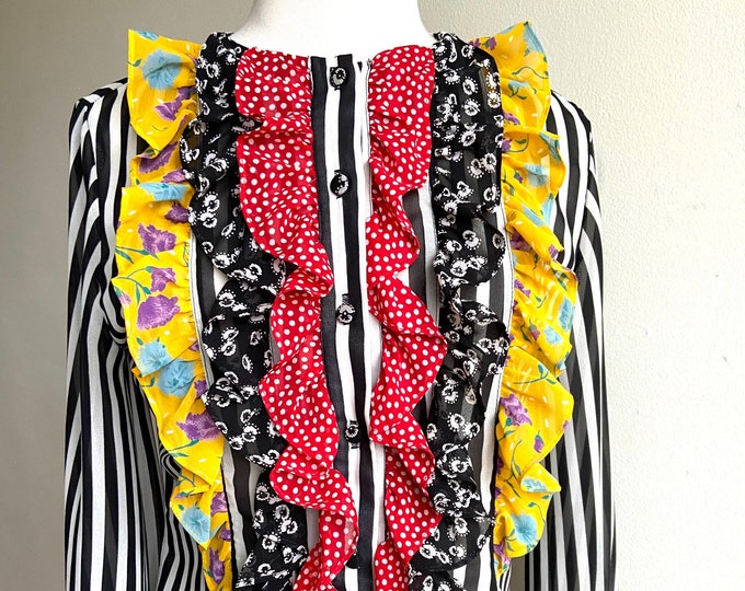 vintage ruffles for days blouse, 1980s 80s striped ruffle semi sheer blouse, vintage boho hippie blouse, 80s ruffle blouse, Sm/Med