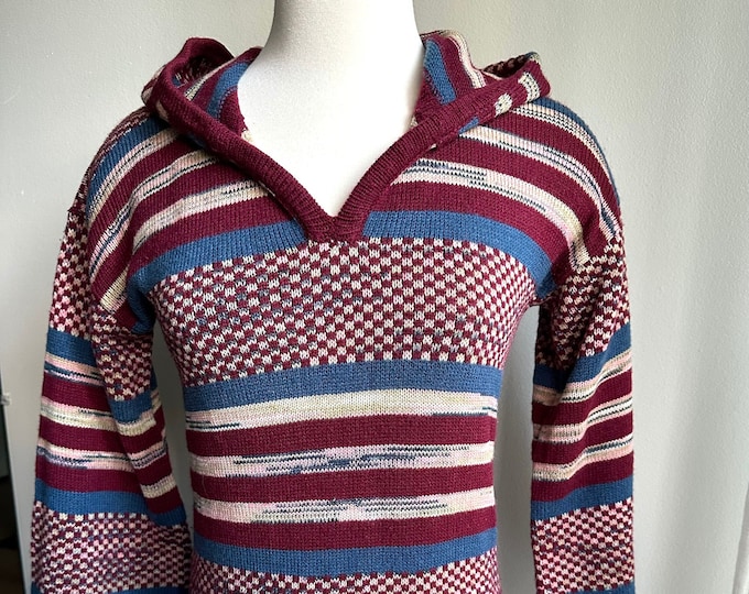 1970s 70s striped hooded sweater, vintage boho hippy sweater, sm/ med