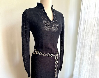 vintage black crocheted sweater dress, 1970s 70s black crocheted dress, 70s sweater dress, vintage boho crocheted dress, Sm/med