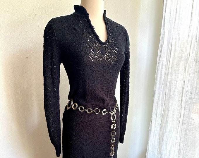 70s black crocheted dress, 70s sweater dress, Sm/med