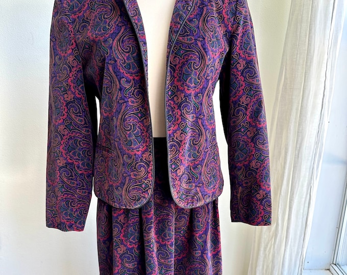 vintage paisley velveteen suit, 1980s 80s velveteen paisley midi skirt set, medium
