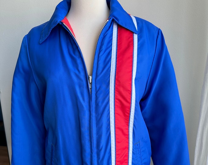 1980s 80s blue red striped racing jacket, vintage racing coat, Medium