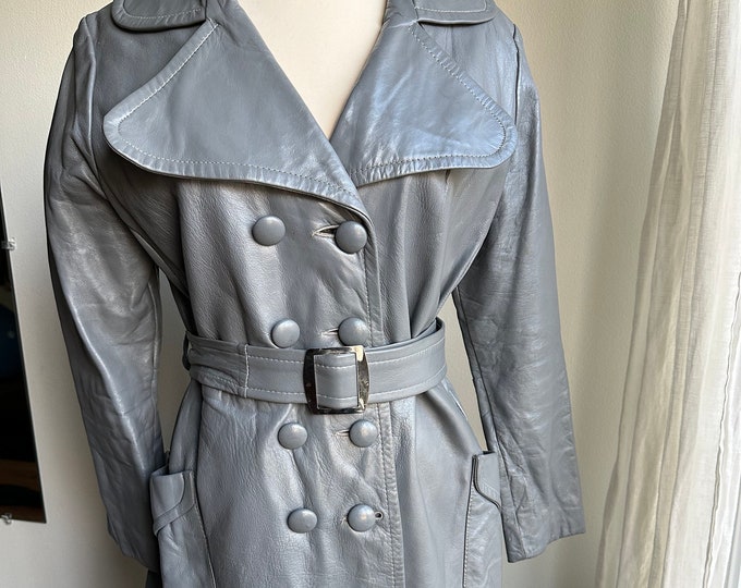 70s double breasted gray leather coat, 70s leather jacket,  medium
