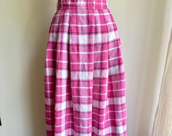 1990s linen pink plaid midi skirt, 90s plaid skirt, small