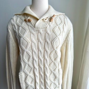 70s ivory fisherman cable knit sweater, 70s boho sweater, medium