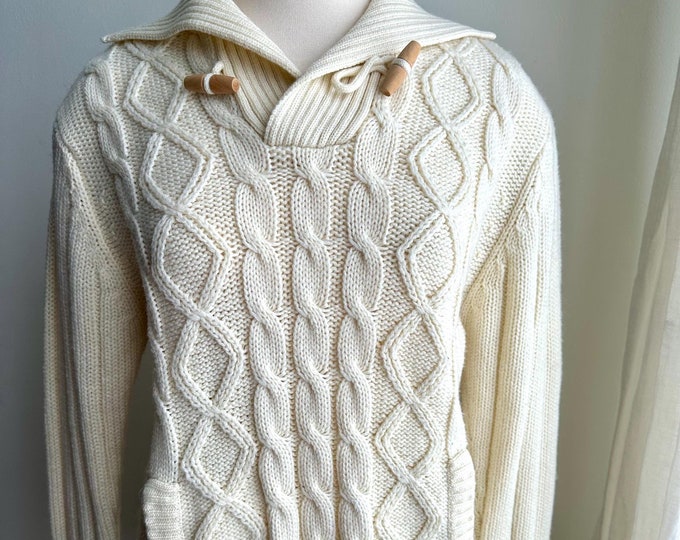 70s ivory fisherman cable knit sweater, 70s boho sweater, medium