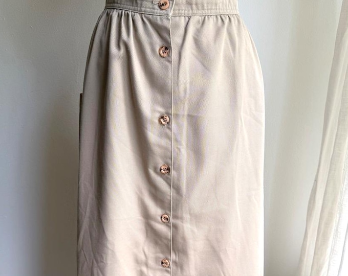 80s khaki button front skirt, 80s preppy skirt, medium