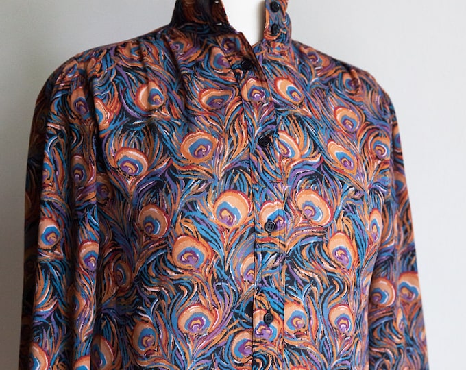 80s vintage peacock feather blouse, boho style, 80s peacock blouse, 80s fashion, vintage peacock top