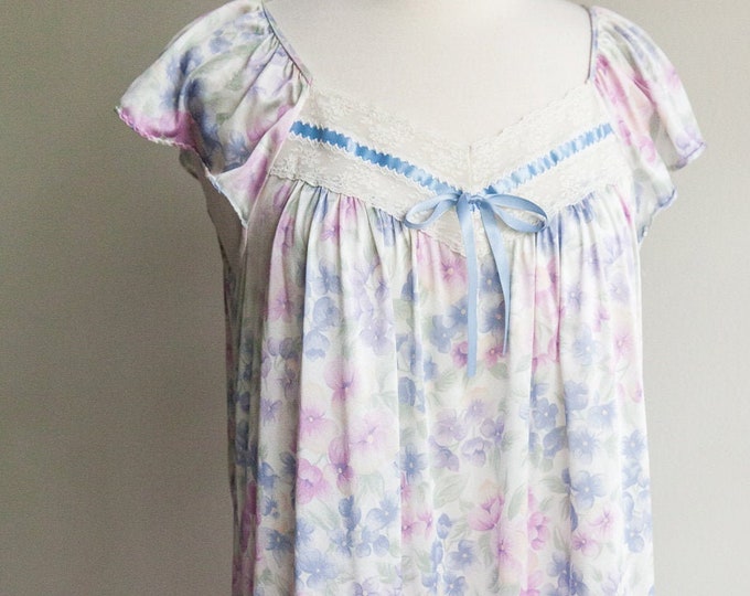 vintage garden party nightgown, 1980s 80s floral lace neglicee nightgown, vintage boho hippy nightgown, Med/Large