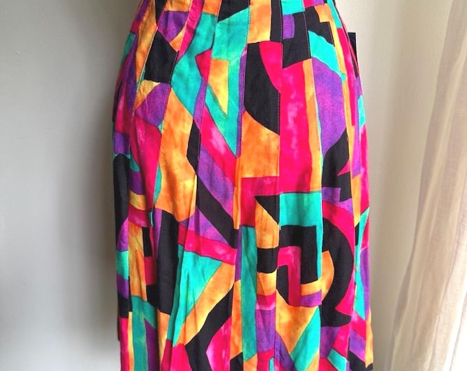 1980s colorful abstract print pleated skirt, small