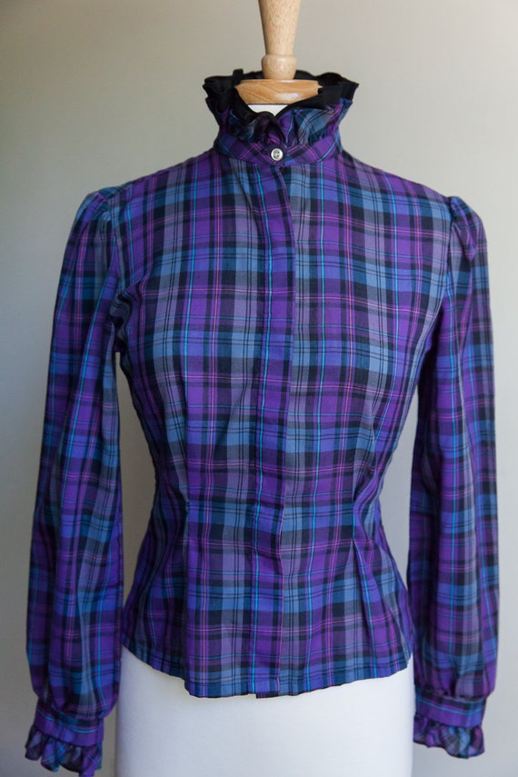 Vintage 70s plaid prairie ruffle blouse, 70s plaid