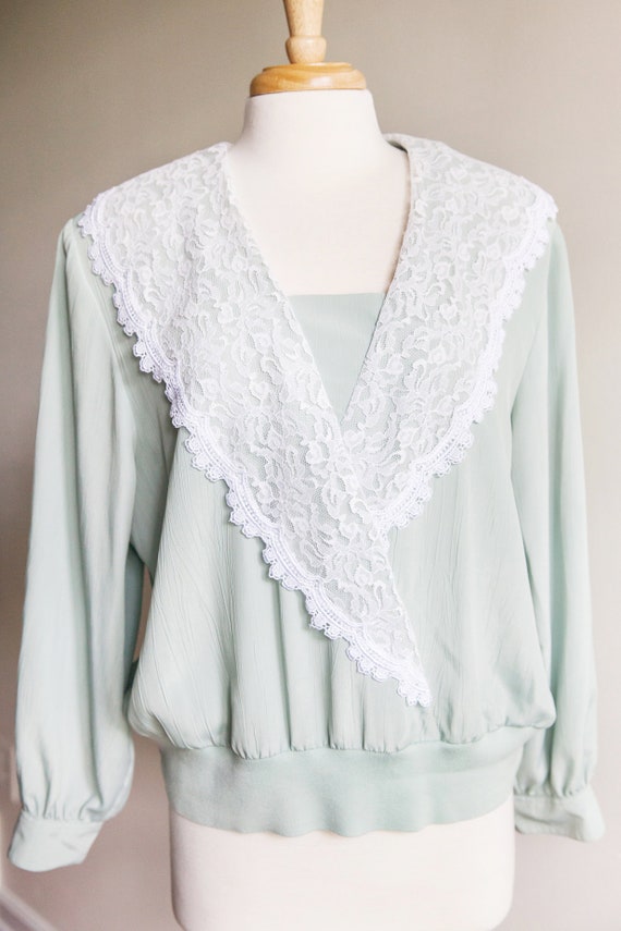 Vintage sage and lace blouse 1980s 80s sage green lace collar | Etsy