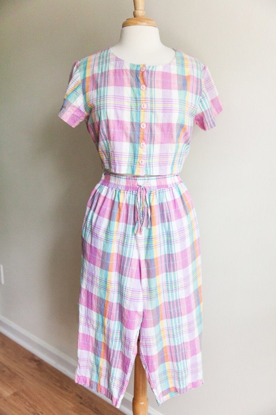 vintage plaid crop top and pant set, 1980s 80s pin