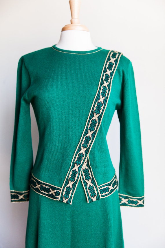 vintage green & gold knit skirt set, 1970s Christ… - image 2