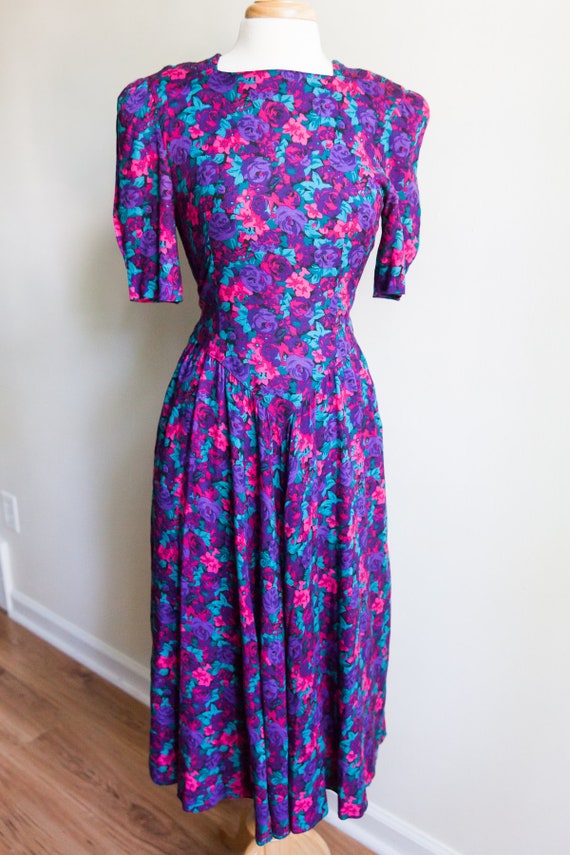 vintage bright rose garden midi dress, 1980s 80s p