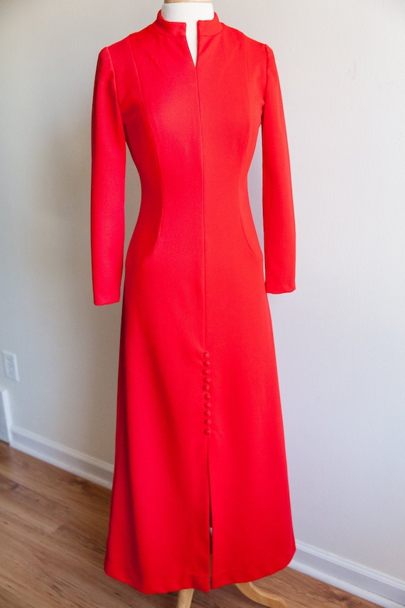 vintage candy apple red maxi dress, 1970s 70s red