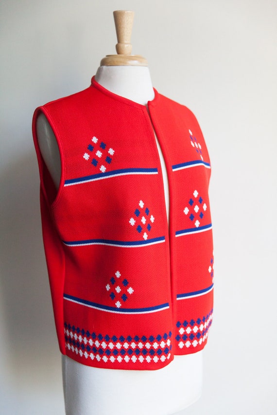 vintage red sweater vest, 1970s 70s red diamond pr