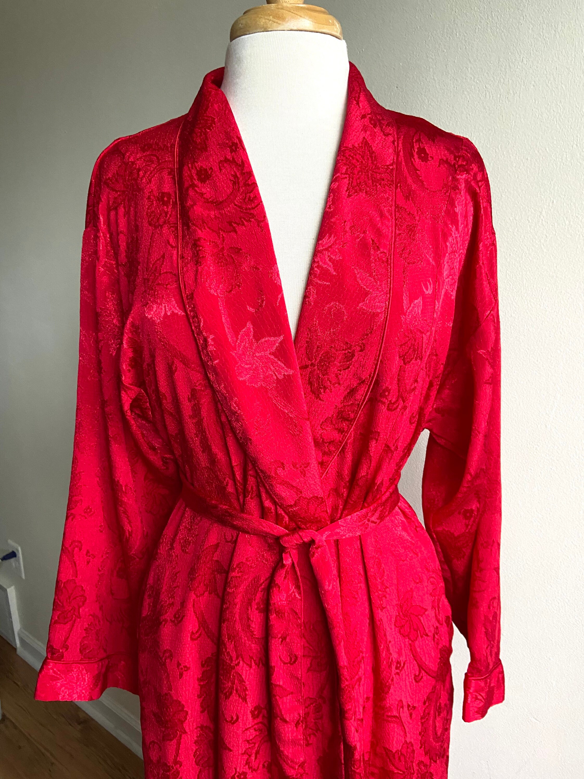 Red Flower Robe vintage red floral robe, 1980s 80s Victoria's Secret red brocade floral ...