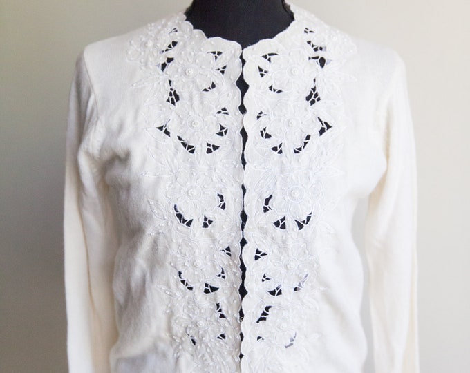 1980s embroidered beaded sweater, vintage cottage core sweater, XS/small