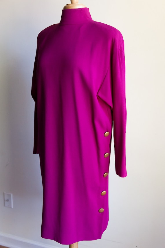 80s vintage fuschia sack dress with gold buttons, 