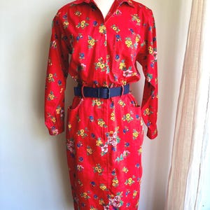 vintage floral dress, 1980s red floral cotton dress, 80s floral midi dress, Small/med