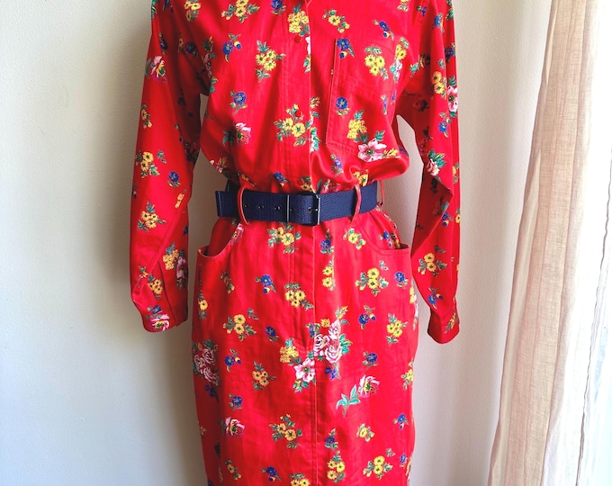 1980s red floral cotton dress, 80s floral midi dress, Small/med