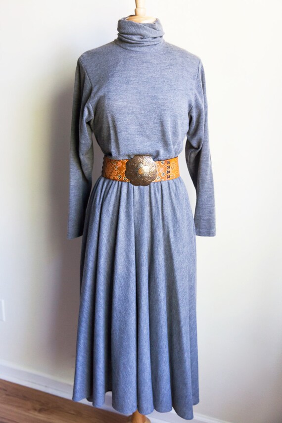 vintage gray turtleneck dress, 1980s 80s gray turt
