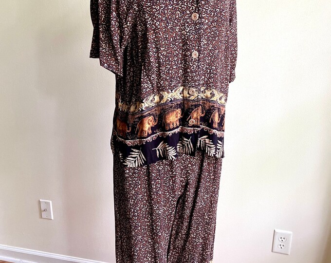 elephants on parade two piece set, 1980s 80s elephants safari two piece set, vintage pant set, vintage boho high waisted pants, Large