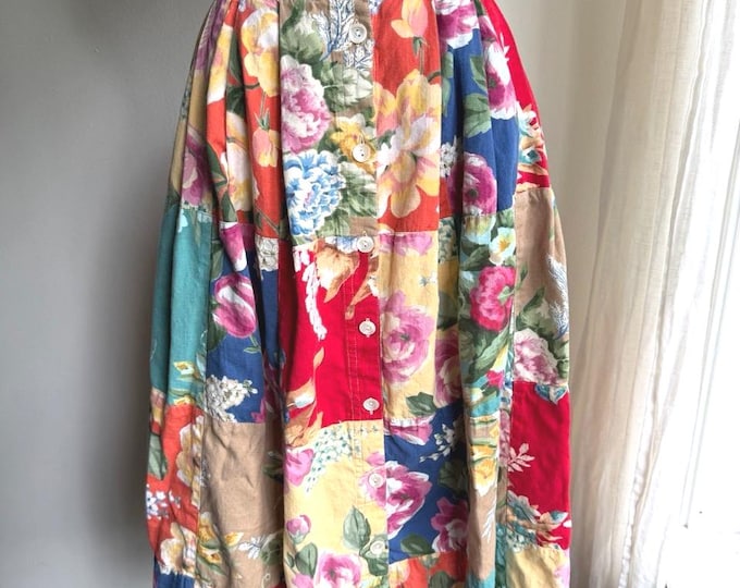 vintage patchwork skirt, 1980s cotton floral patchwork skirt, sm/med