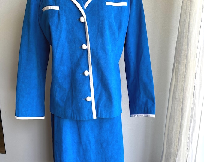 1970s 70s cobalt blue ultra suede blazer skirt set, 70s blue skirt set, med/Large