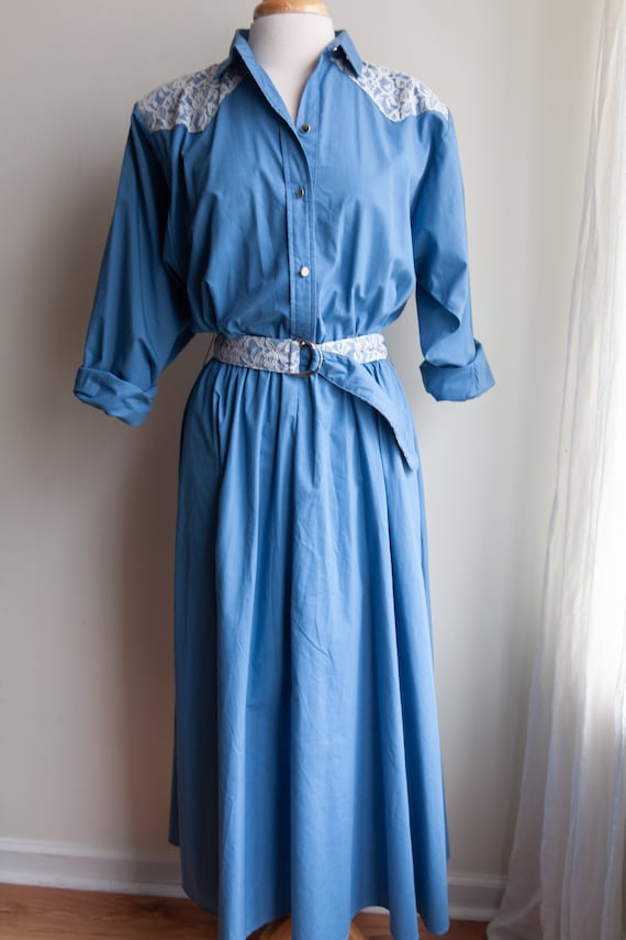 vintage chambray and lace dress, 1970s 70s western