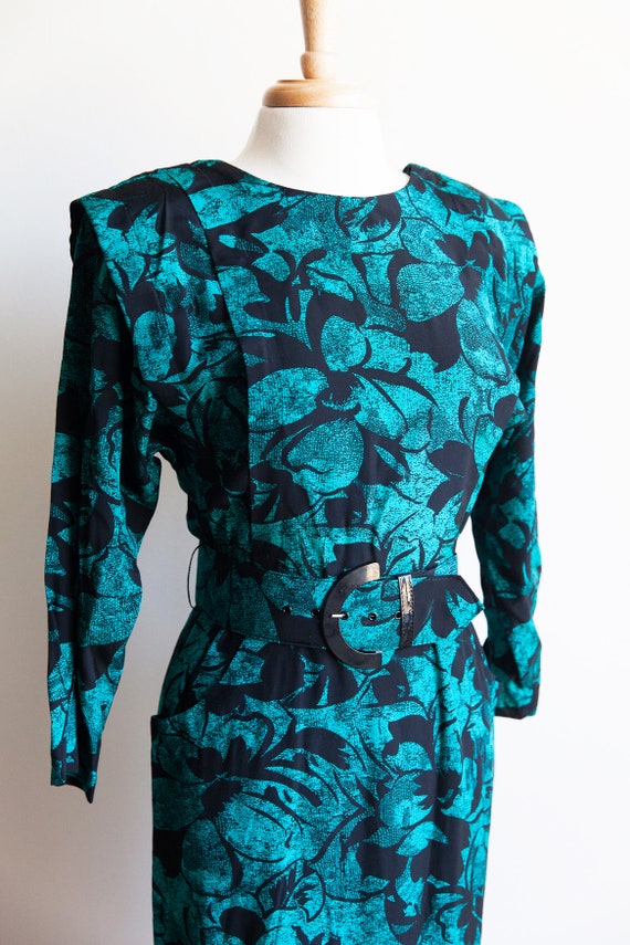 80s vintage teal paradise dress, 80s teal and bla… - image 2