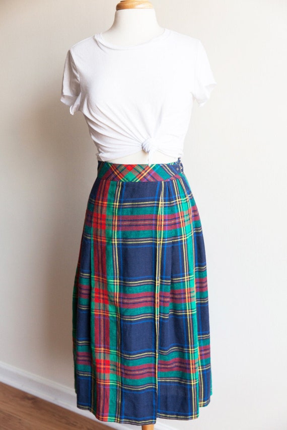80s vintage linen plaid skirt, vintage Chaus plaid