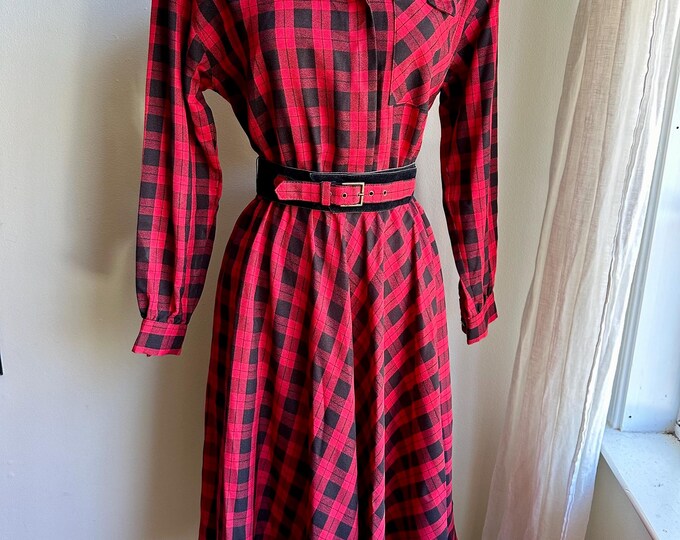 vintage buffalo plaid midi dress, 1980s 80s red black plaid midi dress,  Med/ L
