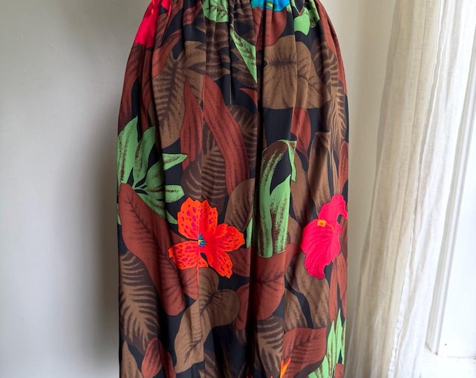 80s tropical flower silk skirt, 80s silk circle skirt, small