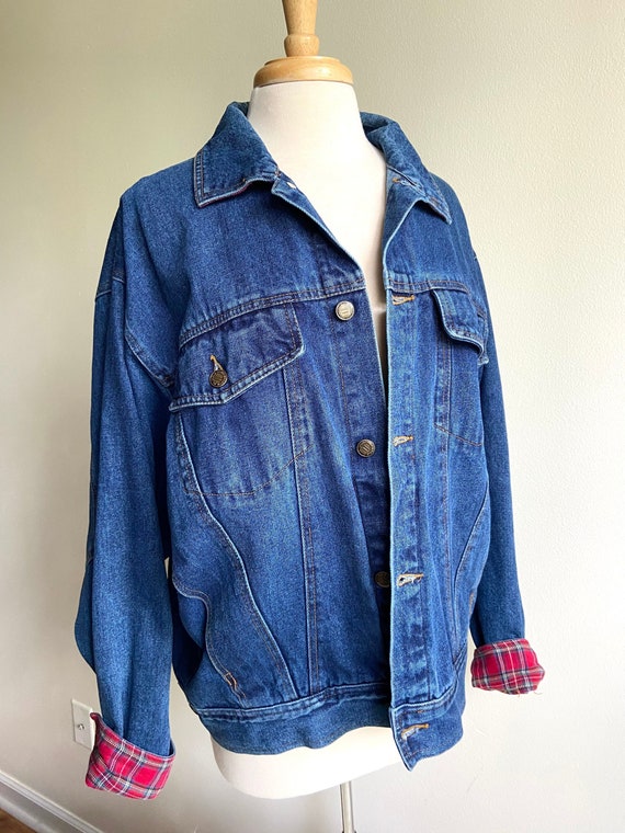 vintage full on 80s denim jacket, 1980s 80s plaid den… - Gem