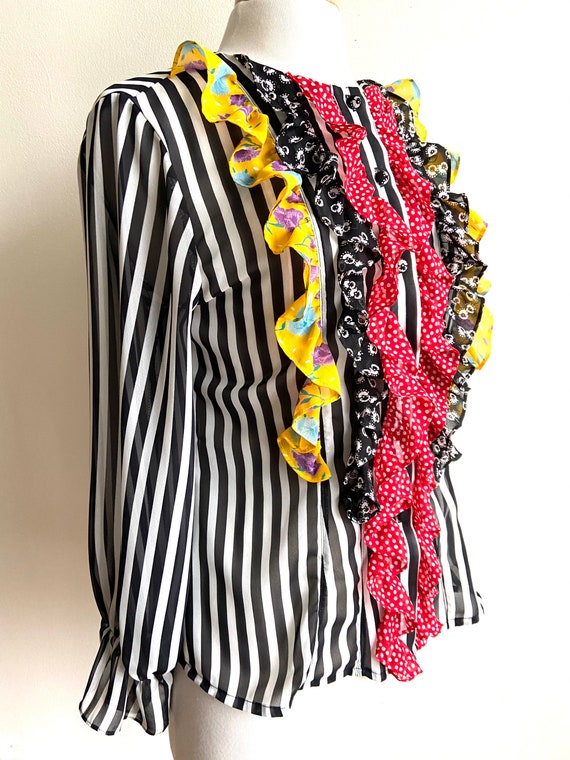 vintage ruffles for days blouse, 1980s 80s stripe… - image 2