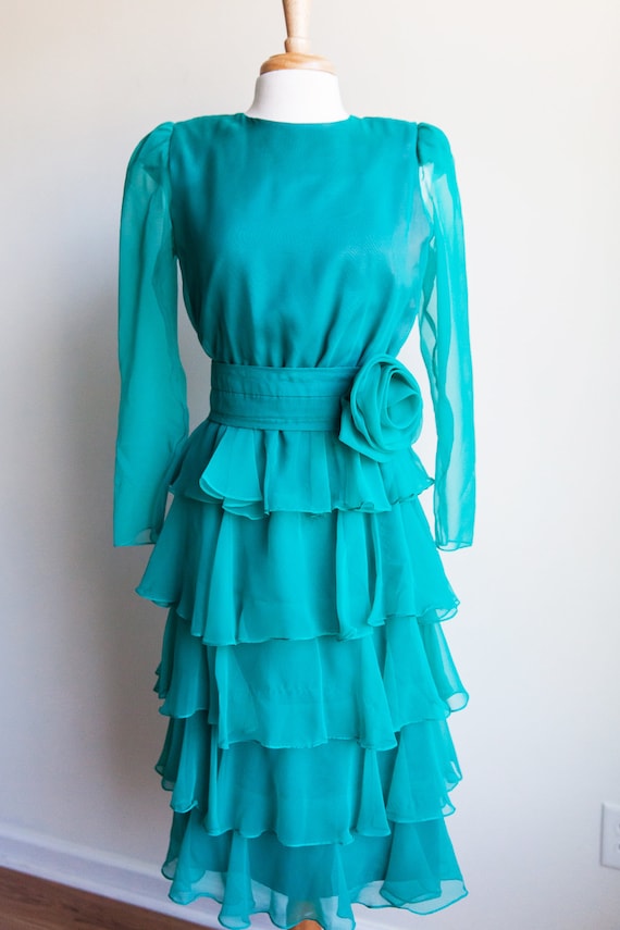 80s vintage teal ruffles & rosette dress, 80s ruff