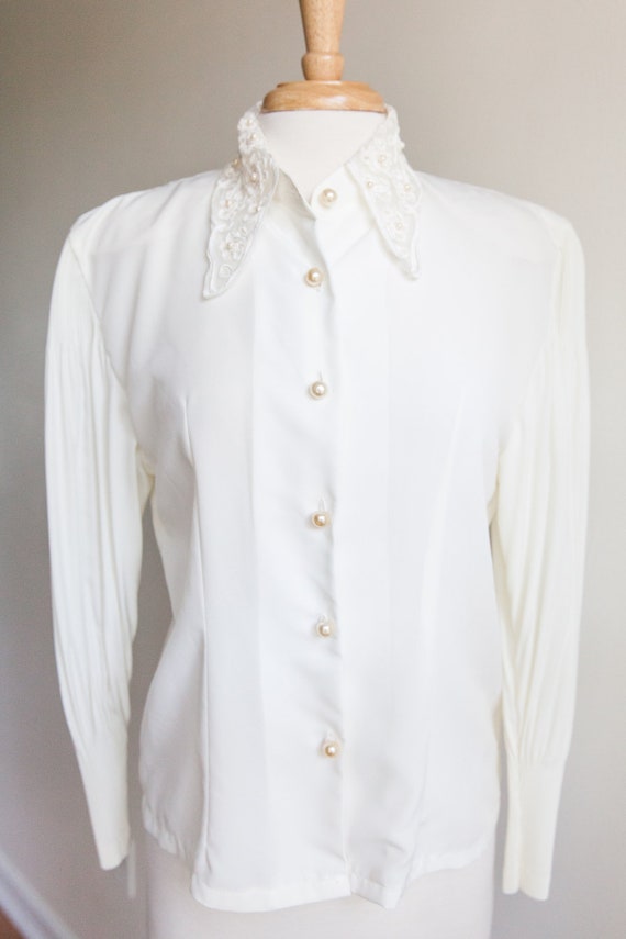 vintage pleats and lace collar blouse, 1980s 80s v