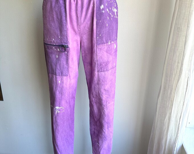 80s purple bleach splatter cargo pants, 80s mom pants, small